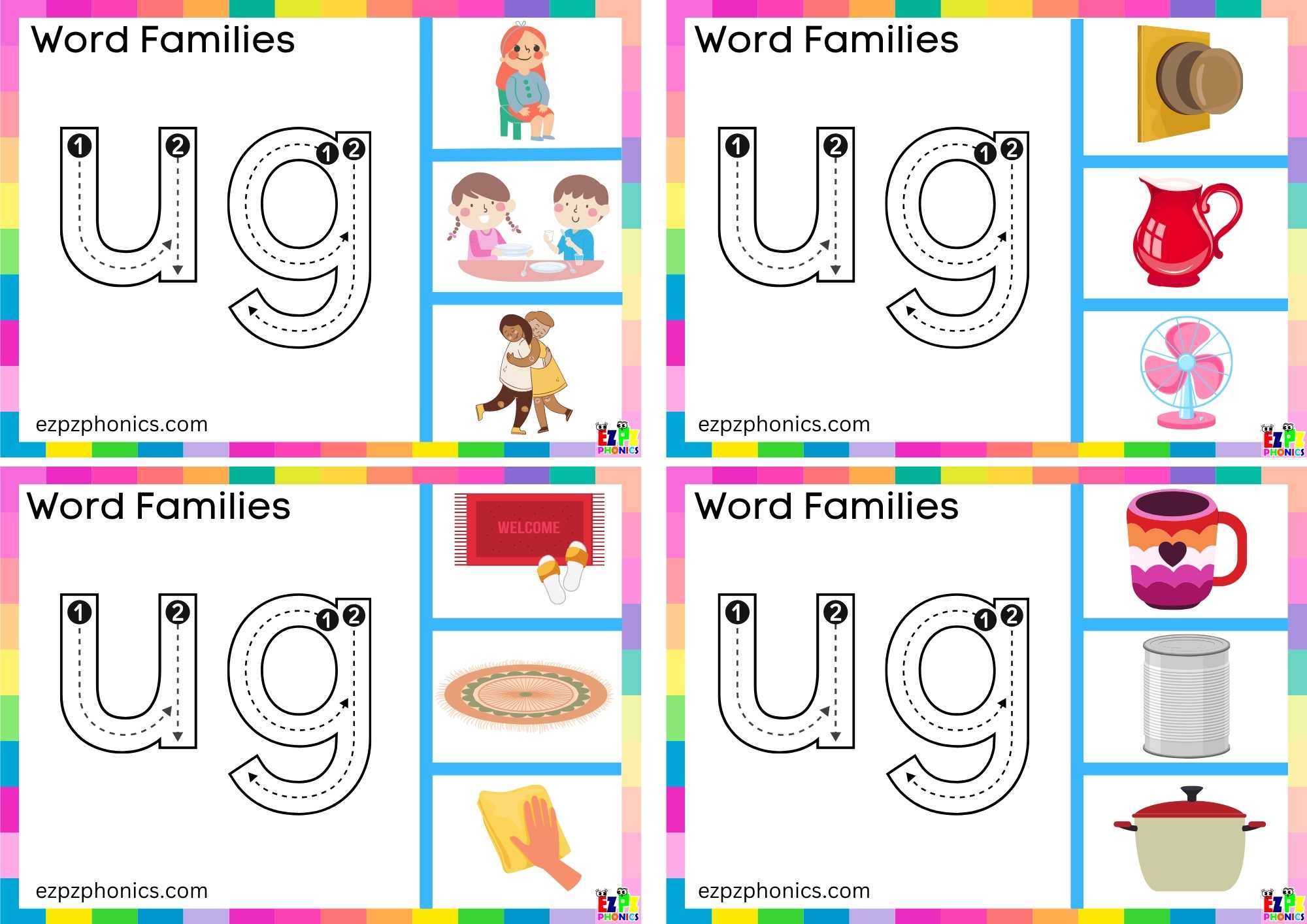 Trace the letters and clip the image Clip cards for word family ug group 1